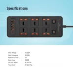 ⁦Porodo Blue 6 AC - Dual Switch Power Strip - Black⁩ - الصورة ⁦2⁩